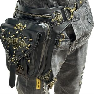 Goth Steam Punk Leather Changeable Crossbody Hip Bag with Gold Skull Accents